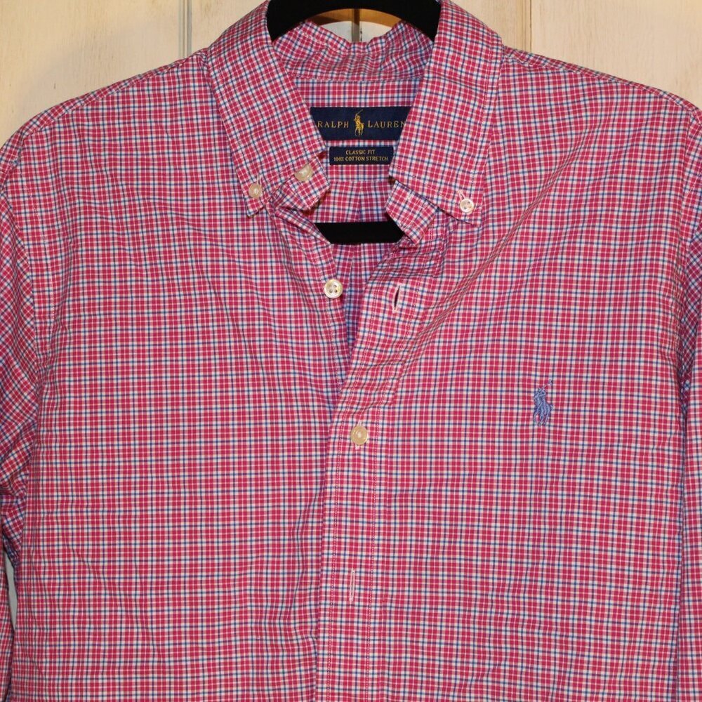Ralph Lauren Classic Fit red white blue check long sleeve button up shirt size M - Picture 2 of 4